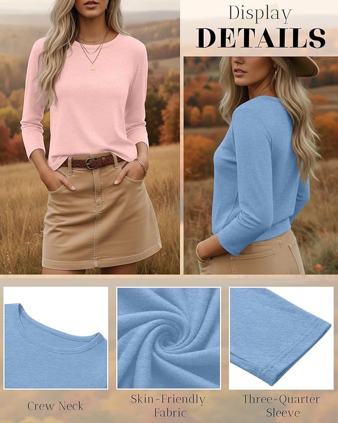 Ficerd 3 Pack 3/4 Sleeve Tops for Women Round Neck Dressy Basics Tees Casual Trendy Loose Fit T Shirts