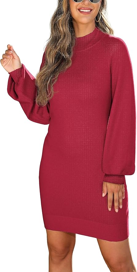 GRECERELLE 2026 Women's Mock Neck Ribbed Long Sleeve Bodycon Pullover Cute Mini Sweater Dress (XS-2XL)