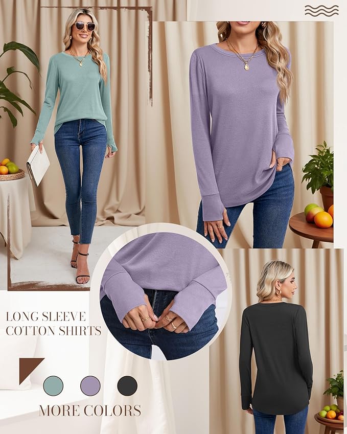 Huukeay 3 Pack Women's Long Sleeve Shirts with Thumb Holes, Cotton Casual Crew Neck Tunic Tops Fall Loose Y2k Trendy Outfits