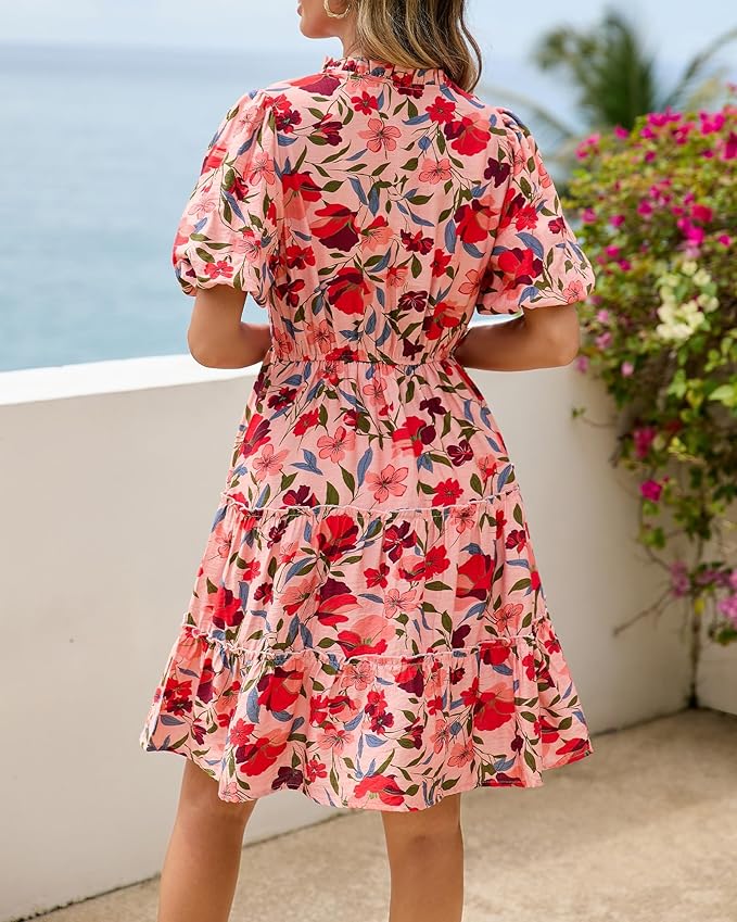 BTFBM Women Summer Floral Short Dresses V Neck Short Sleeve Tiered Ruffle Boho Swing Dress A-Line Mini Dresses