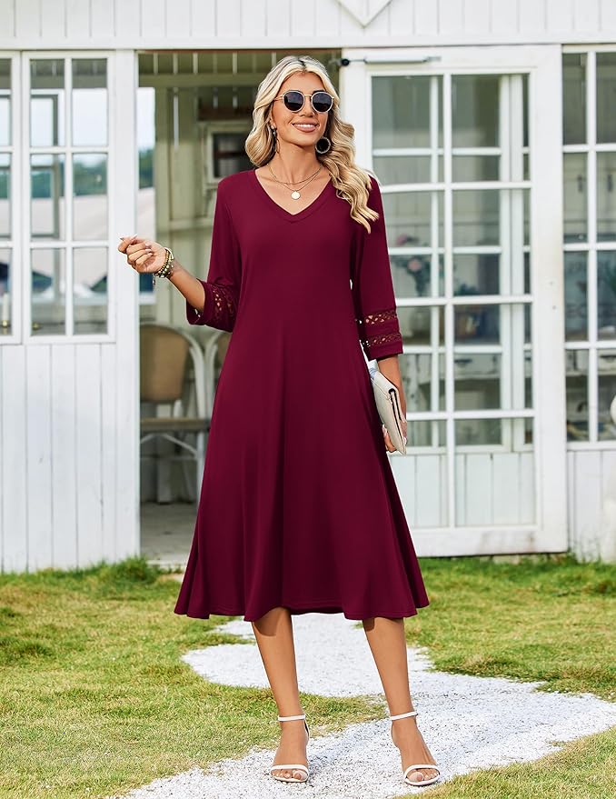 Zeagoo Women's Dresses 3/4 Sleeve Summer Casual V-Neck A Line Flowy Eyelet Midi Dress for Women Beach Vacation Sundress