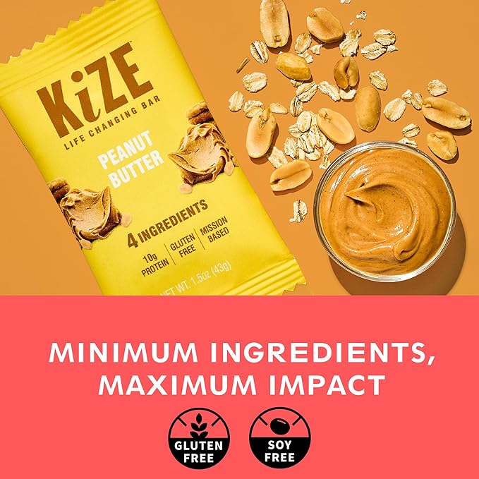 KiZE Energy Bars - Peanut Butter - 30-Count - Gluten Free, Non-GMO, and High Protein Meal Replacement Energy Bars, Clean and Simple Food Ingredients - 10g High Protein Snacks (30 Count)