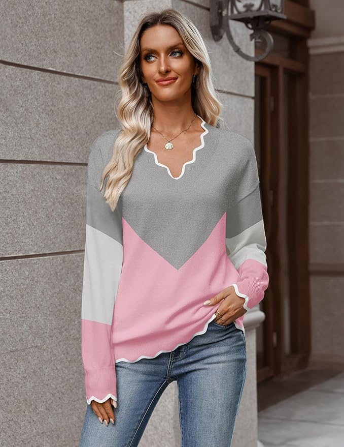 Zeagoo Women's 2026 Fall V Neck Sweater Casual Long Sleeve Lightweight Ribbed Knit Pullover Sweaters Dressy Casual Tops