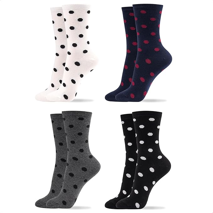 Kikiya Women's Cotton Crew Socks - Cute Flower Graphic Polka Dot Striped Heart Patterned - Ladies Girls Casual Socks Size 6-8