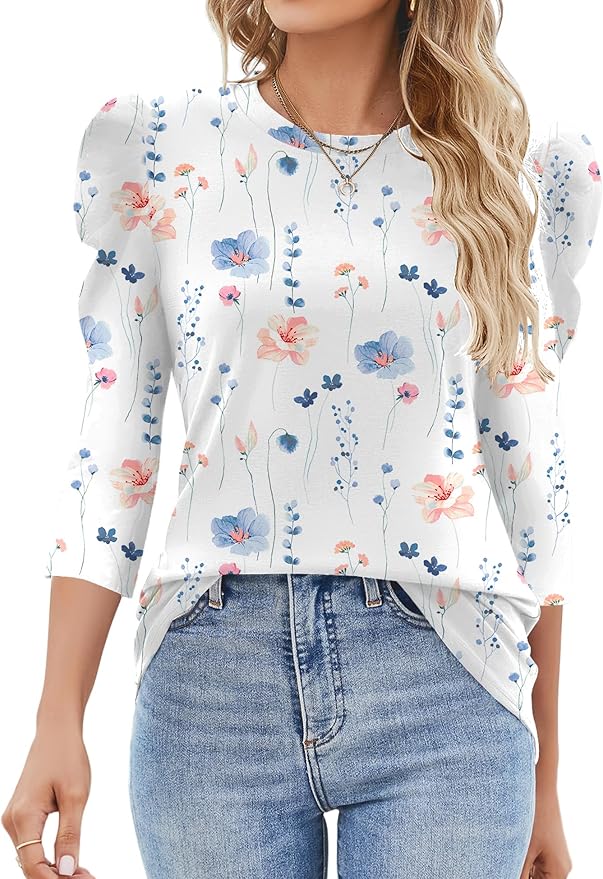 Ivicoer 3/4 Length Sleeve Womens Tops Summer Spring Tops for Women 2025 Puff Lace Sleeve Shirts Blouses