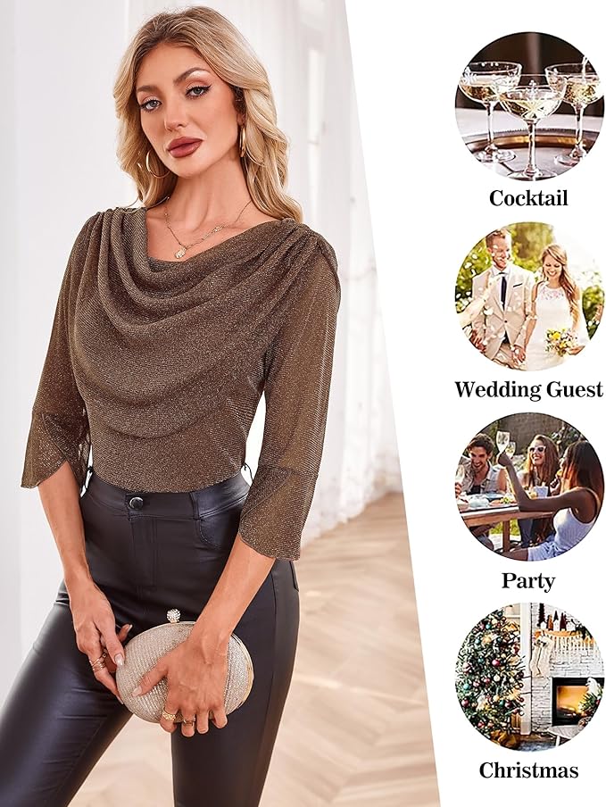 Lotusmile Blouses for Women Dressy Casual 3/4 Sleeve Cowl Neck Sparkly Tops Cocktail Shirts for Evening Party