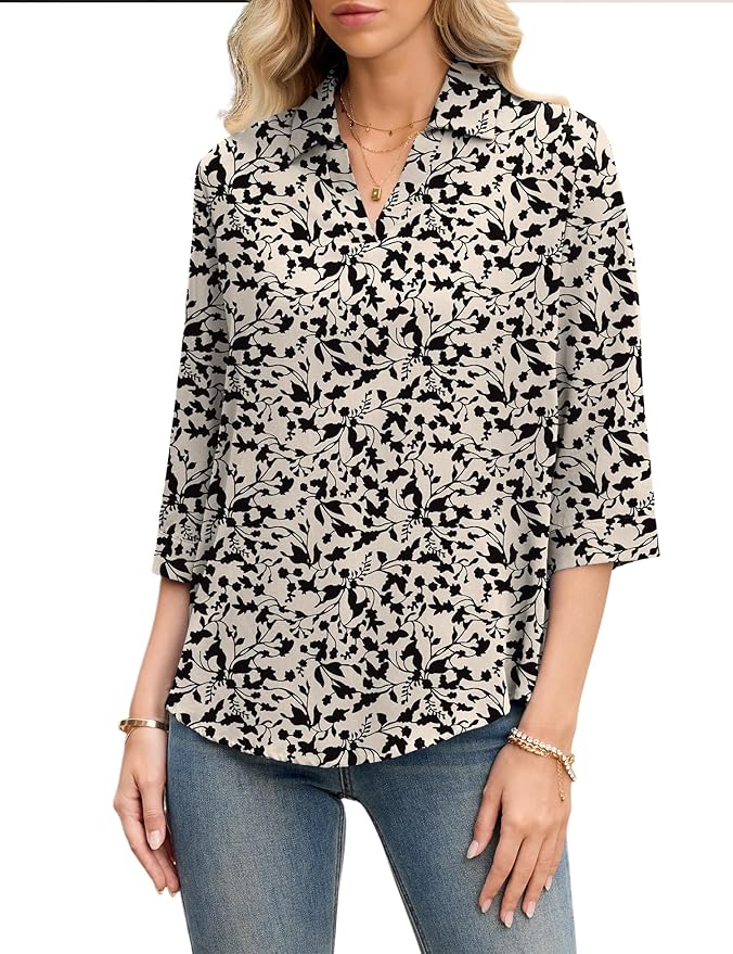 LOMON Womens 3/4 Sleeve Tops V Neck Cotton Linen Work Blouse Polo Shirts for Women Business Casual 2026