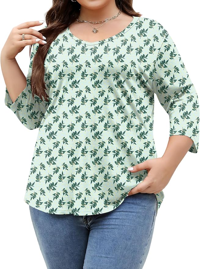 TFSDOD Womens Plus Size Tops V Neck T Shirts 3/4 Sleeve Blouse Summer Casual Tees XL-5X