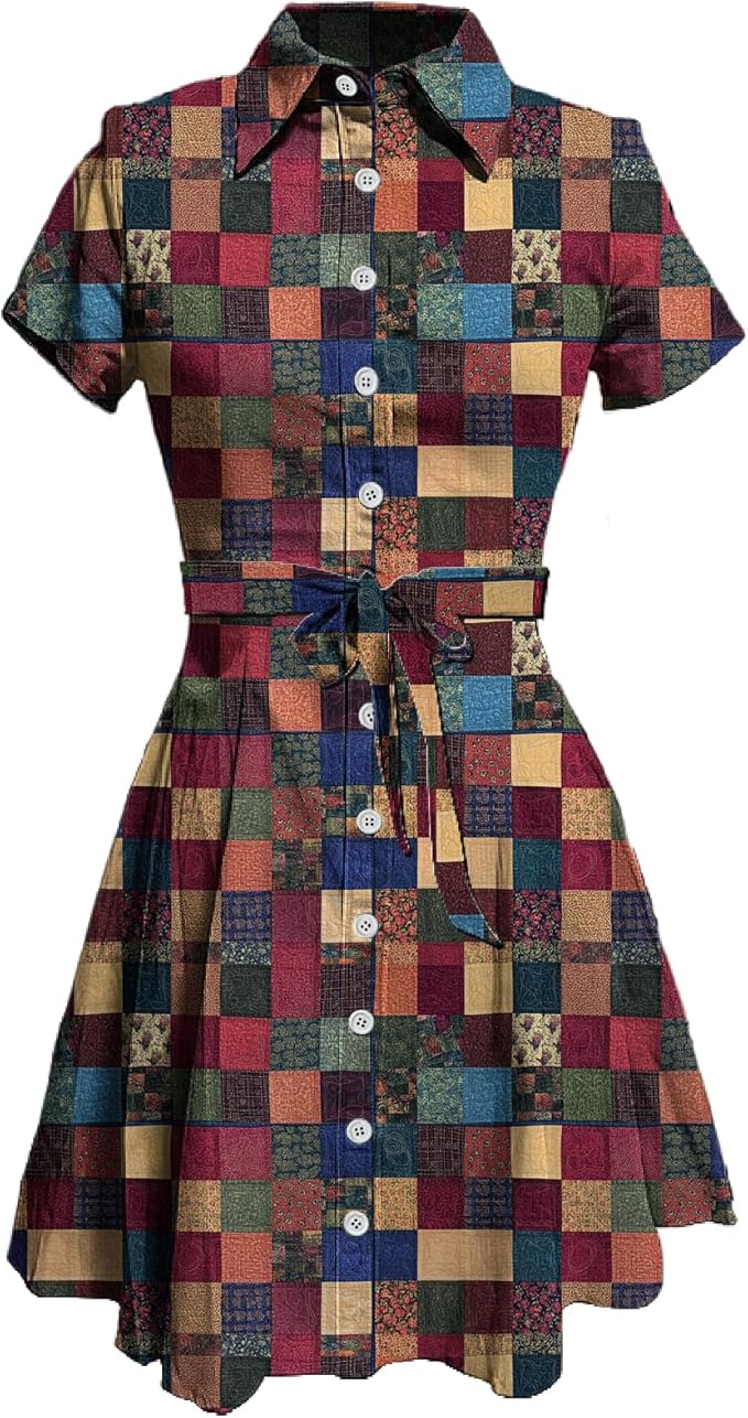 MARSVOVO Vintage Retro Shirt Dress for Women Short Sleeve Button Down Tie Waist Elegant Smocked Knee Length Dress