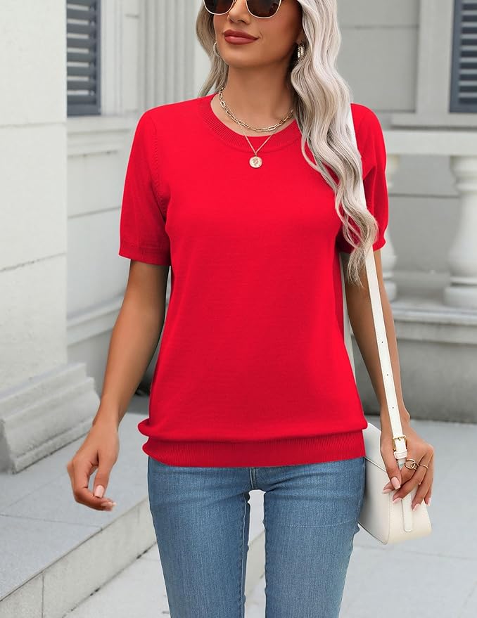 Zeagoo Womens Summer Short Sleeve Tops Crew Neck Lightweight Pullover Sweaters Loose Dressy Casual Blouse Basic Clothes