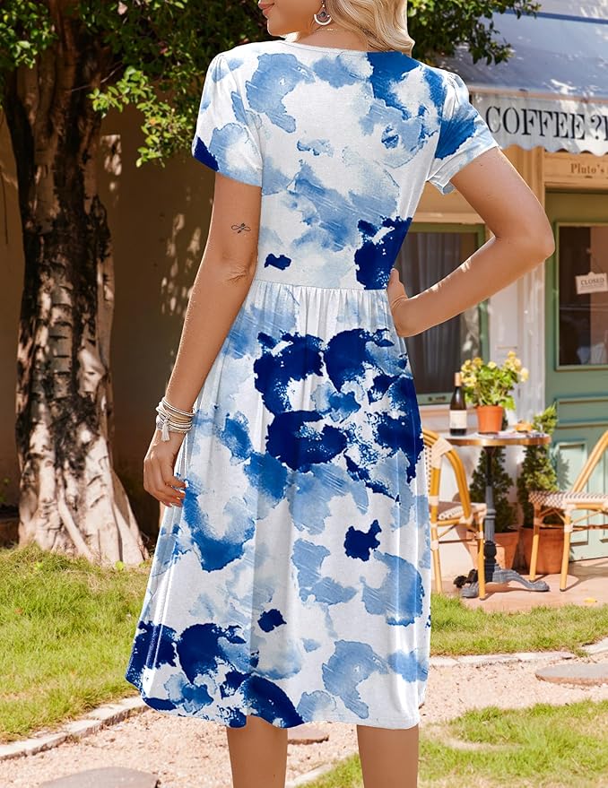 HOTOUCH Women's Summer A-Line Midi Dresses 2026 Casual Floral Short Sleeve T-Shirt Dress Flowy Beach Sundress with Pockets