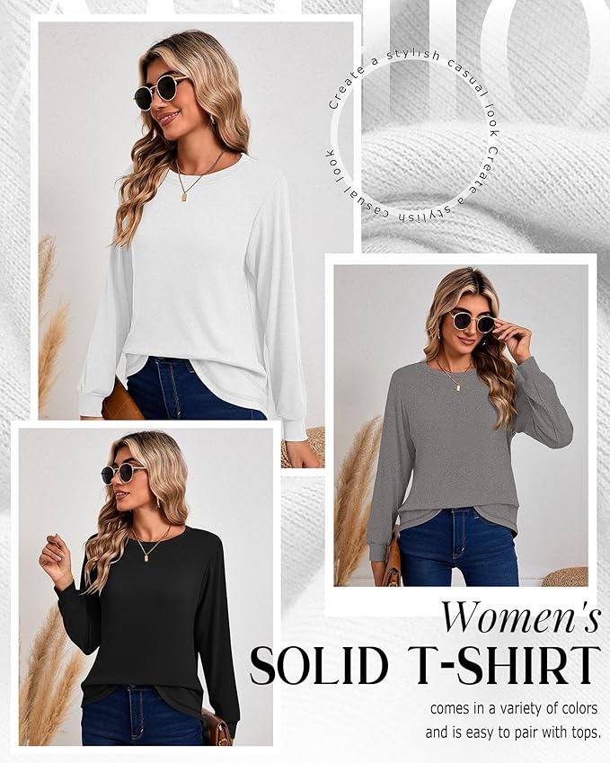 Ficerd 3 Pack Women's Long Sleeve Shirts, Cotton Crew Neck Tunic Tops Casual Loose Fit Pullover Sweatshirts Curved Hem Shirts
