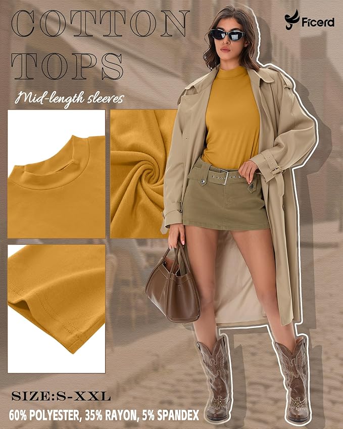 Ficerd 3 Pack Women's 1/2 Sleeve Mock Turtleneck Shirts, Elbow Length Shirt Half Sleeve Tunic Top Casual Summer Basic Tees