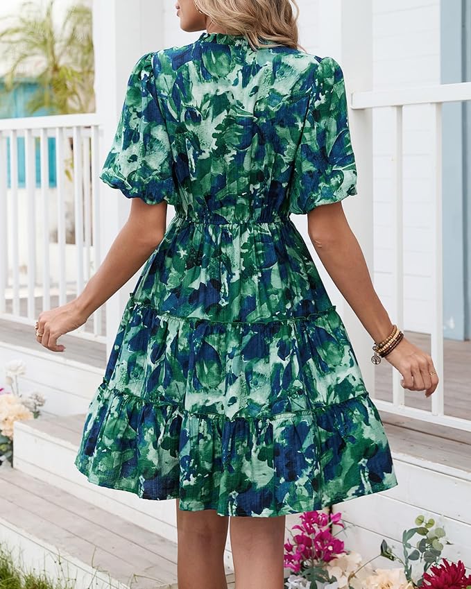 BTFBM Women Summer Floral Short Dresses V Neck Short Sleeve Tiered Ruffle Boho Swing Dress A-Line Mini Dresses