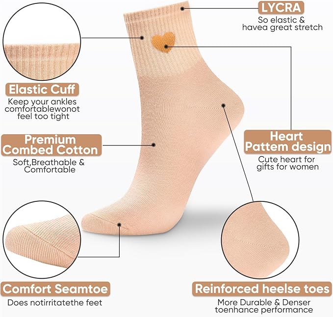 Corlap Women's Cute Cotton Crew Athletic Running Socks - Ankle High, Novelty Fun Heart Design 5-Pairs (Gift Box)