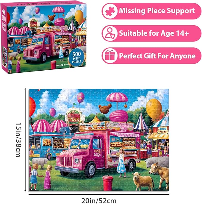 500 Piece Puzzles for Adults, Pink Burger Truck at Amusement Park Puzzle, Recycled Cardboard Jigsaw Puzzle 500 Pieces Vivid Colors, Challenging Puzzles Game Fun Gift for Teens Seniors 20.5 x 15in