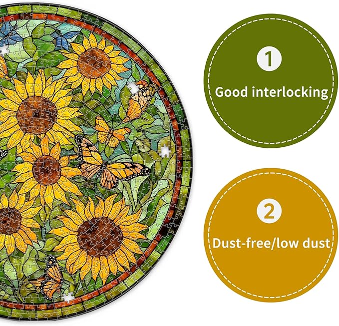 Naturelish Sunflower Stained Glass Puzzles Jigsaw for Adults 1000 Pieces, Brain Challenging Puzzle for Game Night, Family, Friends, Round Puzzles Diameter 25.6 in