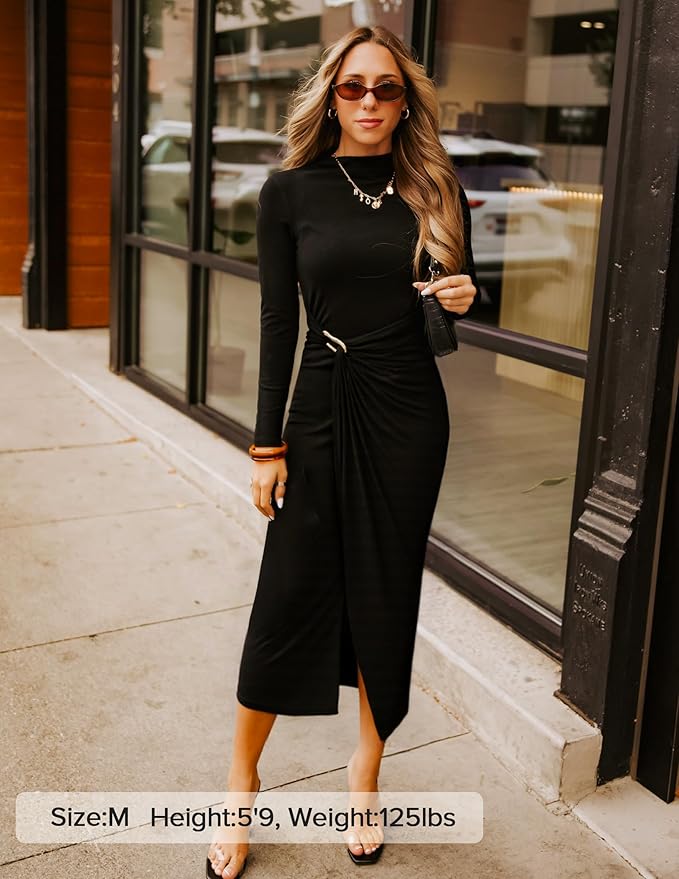 ZESICA Women's 2026 Spring Long Sleeve Bodycon Dress Mock Neck Wedding Guest Cocktail Party Long Midi Dresses
