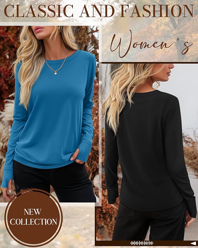 Huukeay 3 Pack Women's Long Sleeve Shirts with Thumb Holes, Cotton Casual Crew Neck Tunic Tops Fall Loose Y2k Trendy Outfits