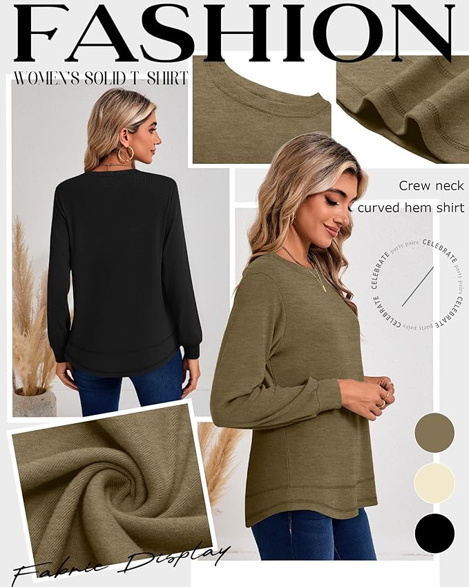 Ficerd 3 Pack Women's Long Sleeve Shirts, Cotton Crew Neck Tunic Tops Casual Loose Fit Pullover Sweatshirts Curved Hem Shirts