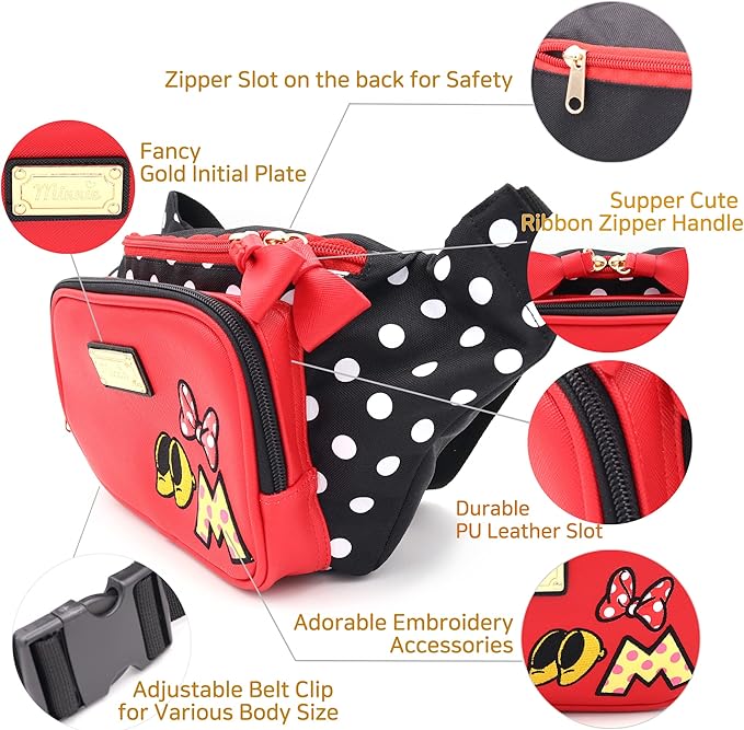Minnie Ribbon Travel Bow Fanny Pack Crossbody Chest Waist Bum Sling Hip Belt Weekender Bag Cute Mouse Ear Faux Leather Purse Accessories Gift for Women Adult, Officially Licensed (Large)