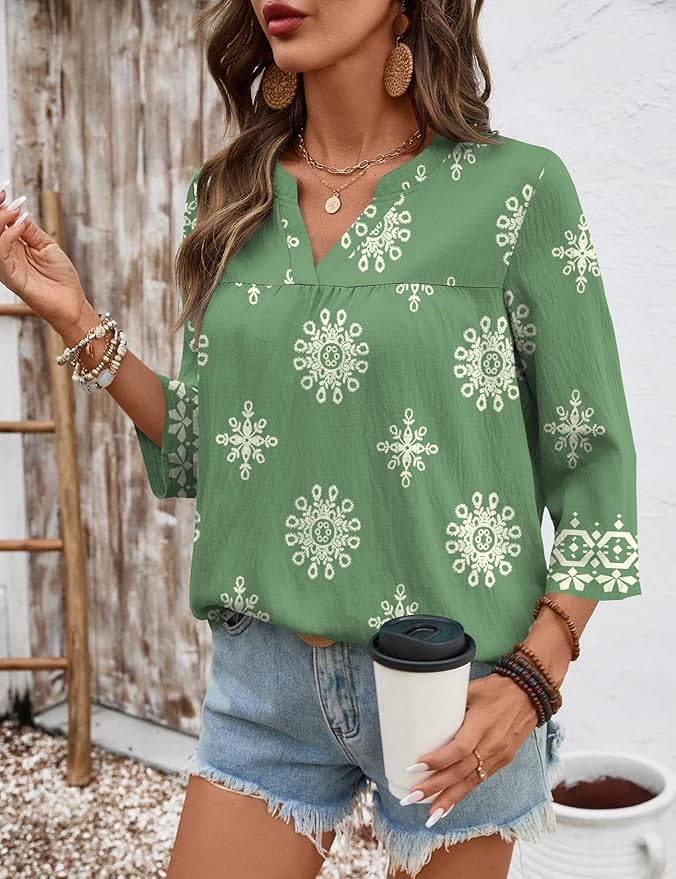 Rapbin Womens 3/4 Sleeve V Neck Floral Print Pleated Blouses for Women Dressy Casual Loose Fit Tops