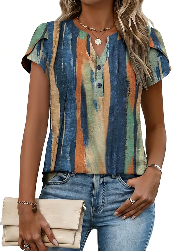 Zeagoo Womens Tops Dressy Casual Textured Blouses Cap Short Sleeve Shirts V Neck Button Up Summer Spring Work Tshirt Clothes