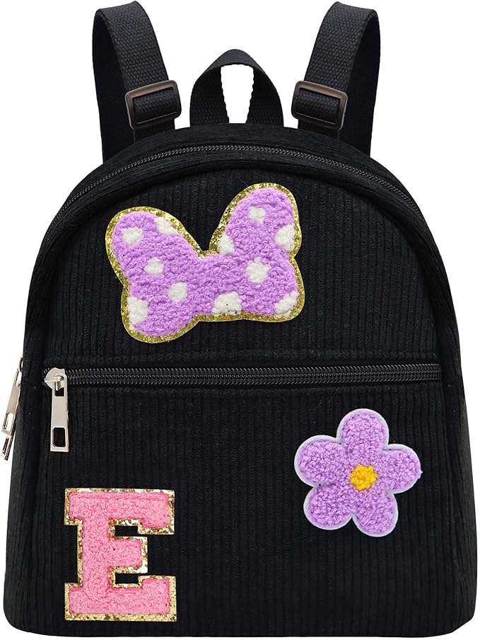 2 3 4 5 6 Year Old Girl Gifts Chenille Initial Mouse Bow Mini Backpack, Corduroy Toddler Backpacks Christmas Birthday Gifts for Girls 2-4 5-6, Black Mini Diaper Bag Must Haves for Park Travel Letter E