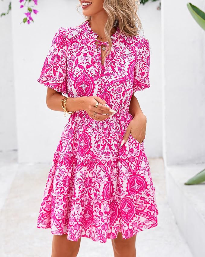 BTFBM Women Summer Floral Short Dresses V Neck Short Sleeve Tiered Ruffle Boho Swing Dress A-Line Mini Dresses