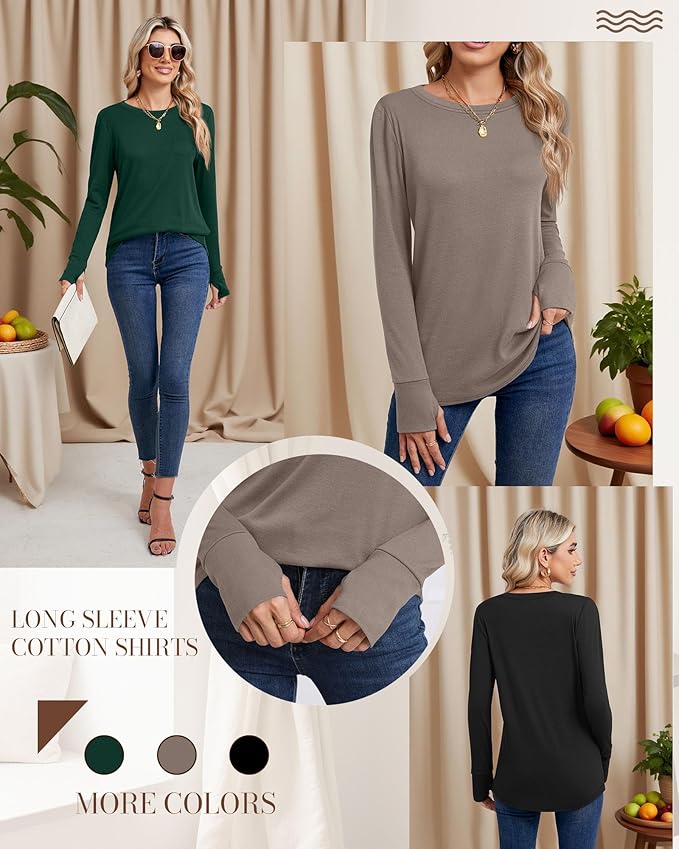 Huukeay 3 Pack Women's Long Sleeve Shirts with Thumb Holes, Cotton Casual Crew Neck Tunic Tops Fall Loose Y2k Trendy Outfits