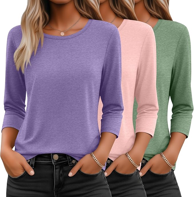Ficerd 3 Pack 3/4 Sleeve Tops for Women Round Neck Dressy Basics Tees Casual Trendy Loose Fit T Shirts