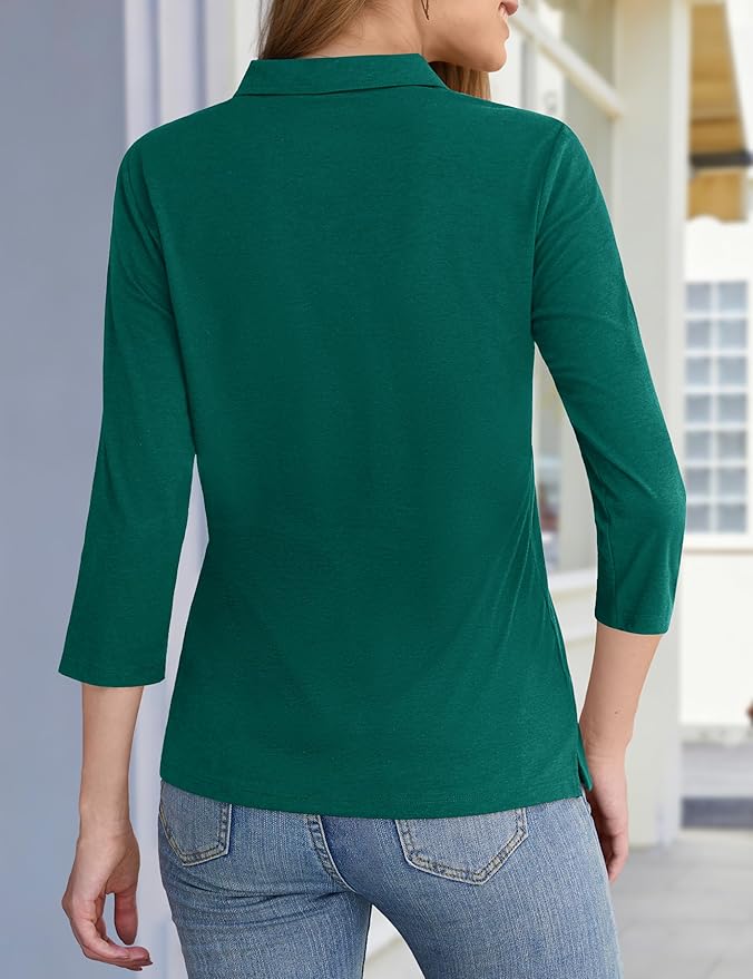YUCOLEN Polo Shirts for Women 3/4 Sleeve Tops Golf Tees 5-Button Collared Cotton Shirt Business Casual