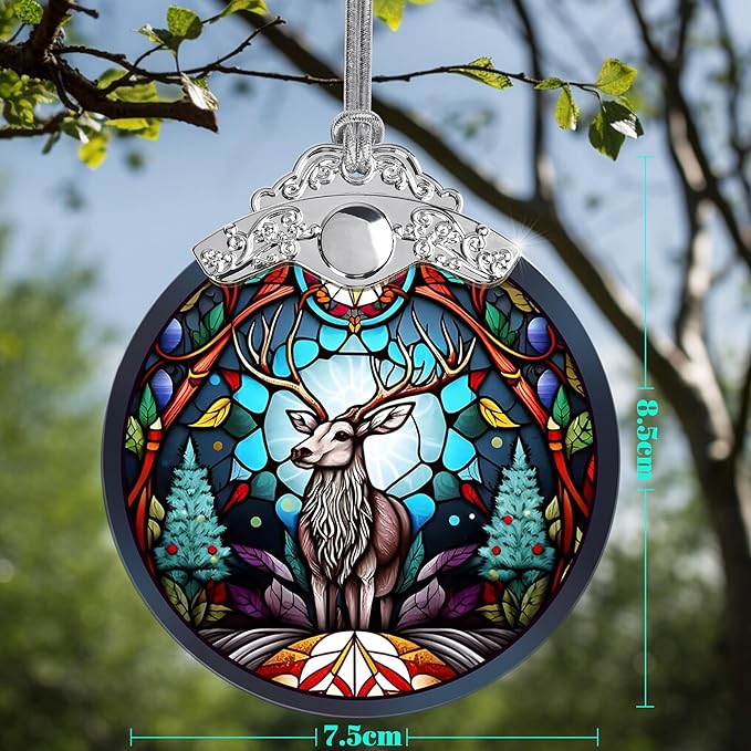 Jocidea Deer Christmas Ornaments, Deer Decor Christmas, Deer Christmas Tree Decorations, Stained Glass Ornament, Gifts for Deer Lovers, Holiday Decorations and Xmas Gifts Ideas
