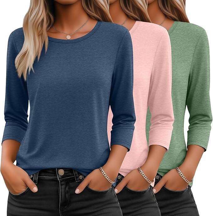 Ficerd 3 Pack 3/4 Sleeve Tops for Women Round Neck Dressy Basics Tees Casual Trendy Loose Fit T Shirts