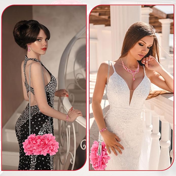 4 Pcs Flower Clutch Rhinestone Jewelry Set Rose Clutch Handbags with Detachable Strap Detachable Necklace Earrings Bracelets for Wedding Party Prom Valentine Gift