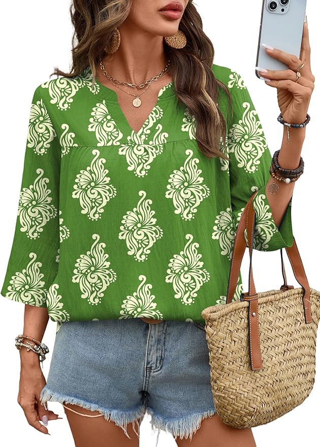 Rapbin Womens 3/4 Sleeve V Neck Floral Print Pleated Blouses for Women Dressy Casual Loose Fit Tops