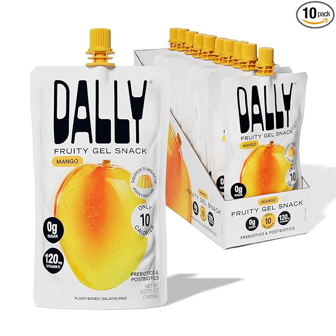 Dally Mango Drinkable Konjac Jelly (10 Pouches) – 10-Calorie, Zero Sugar Korean Fruit Snack – Prebiotics & Postbiotics for Skin, Immune & Weight Management