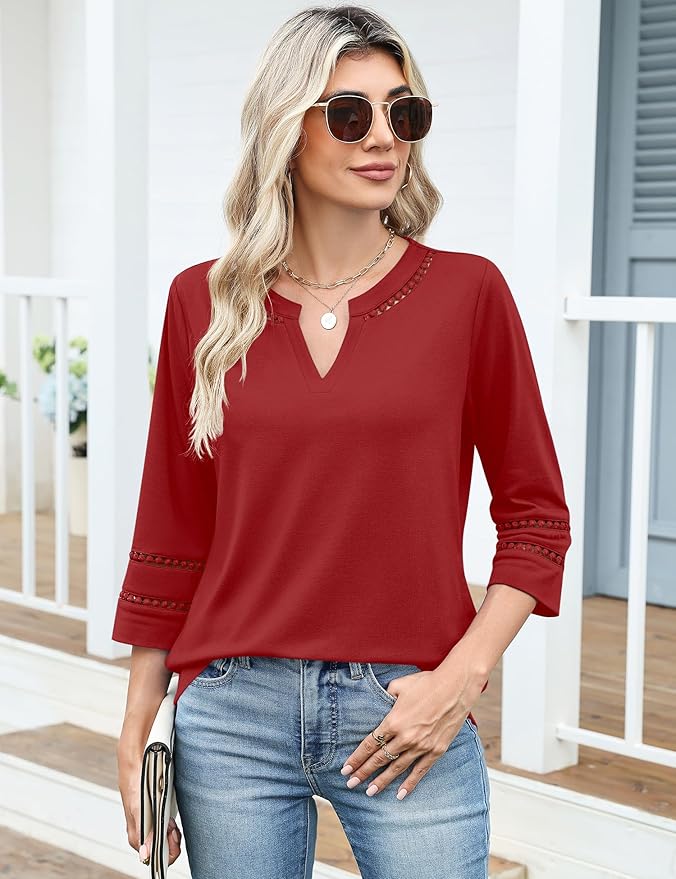 Ivicoer 3/4 Length Sleeve Womens Tops V Neck Lace Embroidered Summer Blouses Loose Fit Tunic Dressy Casual