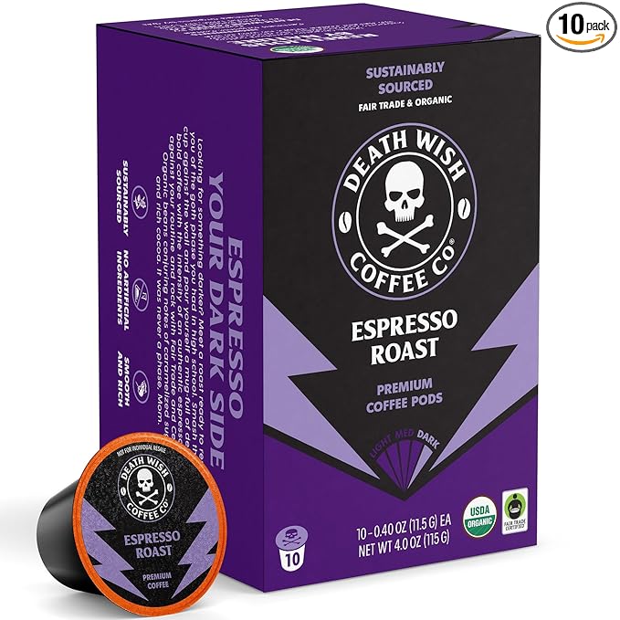 Death Wish Coffee, Espresso Roast Single Serve Coffee Pods - Fair Trade and Organic (10 Count)