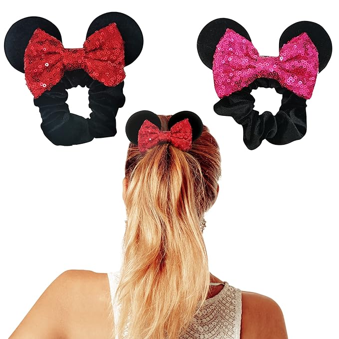 Styla Hair 2pk Mouse Ear Scrunchies, Hot Pink Solid Red - Velvet Hair Bow Scrunchies for Women with Sparkle Sequins, Mickey Mouse Ears for Pony Tail