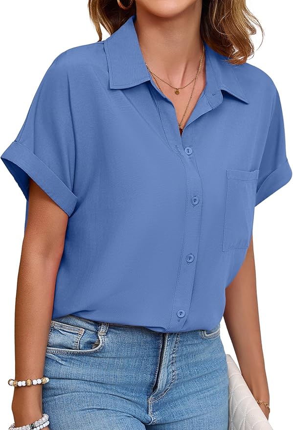 Womens Button Down Shirt Casual Short Sleeve Collared Work Blouse with Pocket