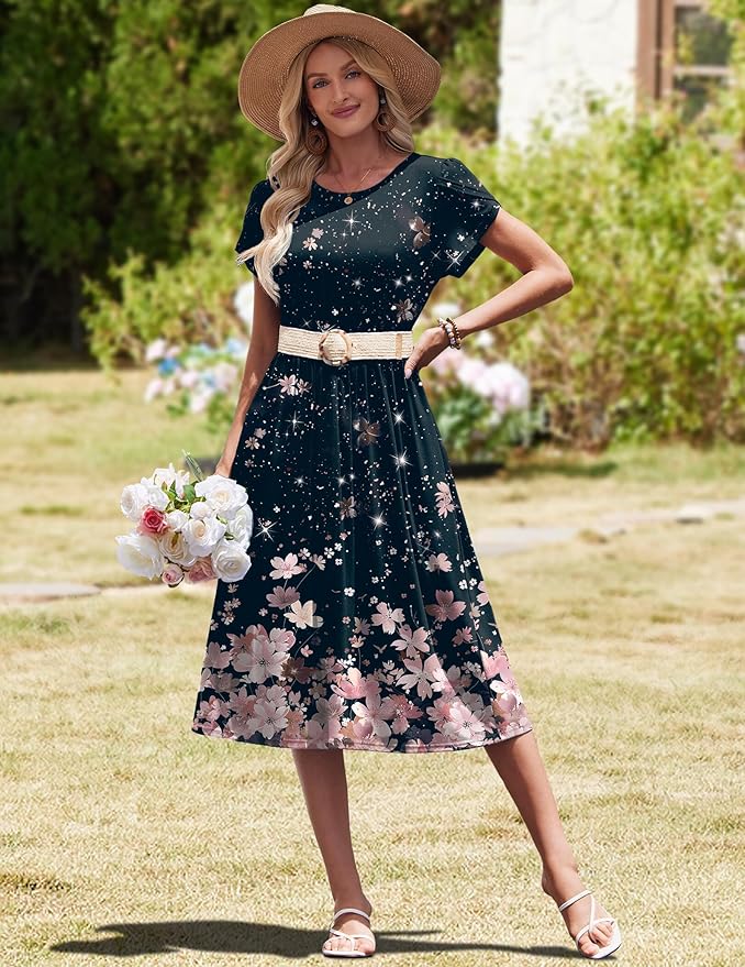 HOTOUCH Women's Summer A-Line Midi Dresses 2026 Casual Floral Short Sleeve T-Shirt Dress Flowy Beach Sundress with Pockets