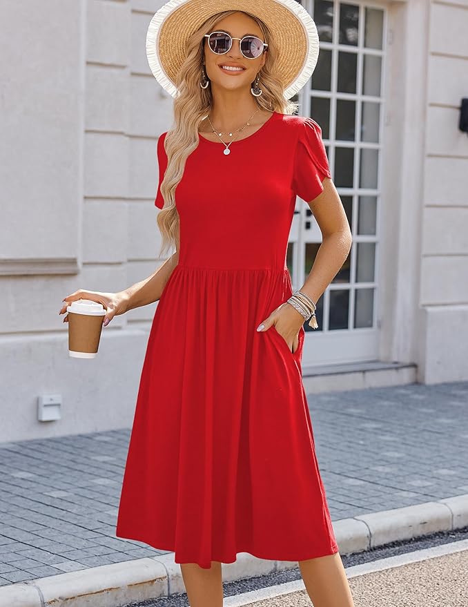 HOTOUCH Women's Summer A-Line Midi Dresses 2026 Casual Floral Short Sleeve T-Shirt Dress Flowy Beach Sundress with Pockets