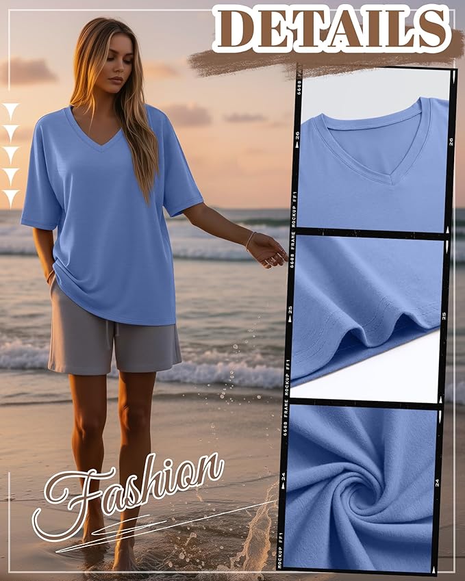 Huukeay Women's Cotton Oversized T Shirts 3 Pack V Neck Loose Fit Half Sleeve Tops Baggy Casual Summer Gym Workout Tees 2026