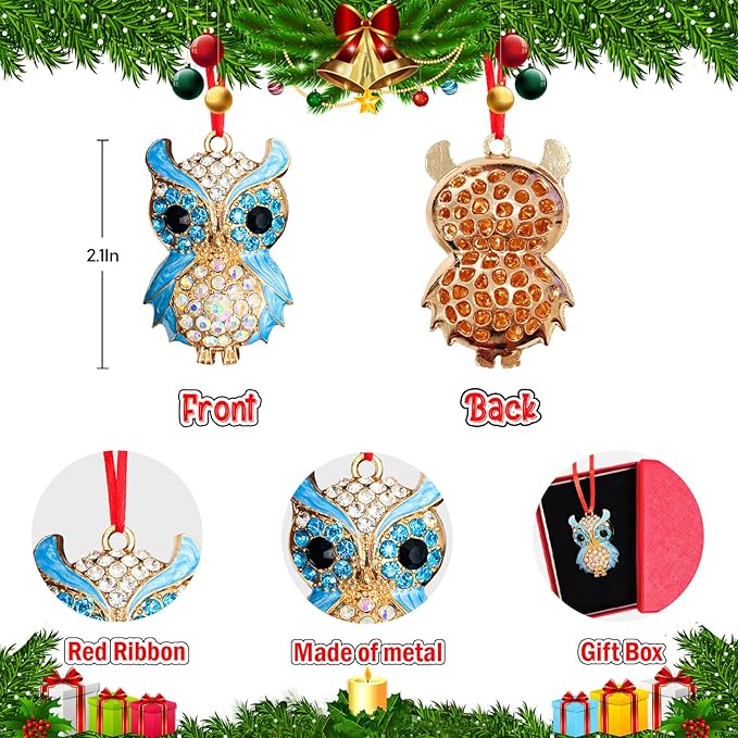 Ushinemi Owl Ornaments for Christmas Tree, Hanging Blue Owl Ornament Xmas Tree Decor, Sparkles Keepsake Gifts for Mom Grandma Women Girls Sisters - B