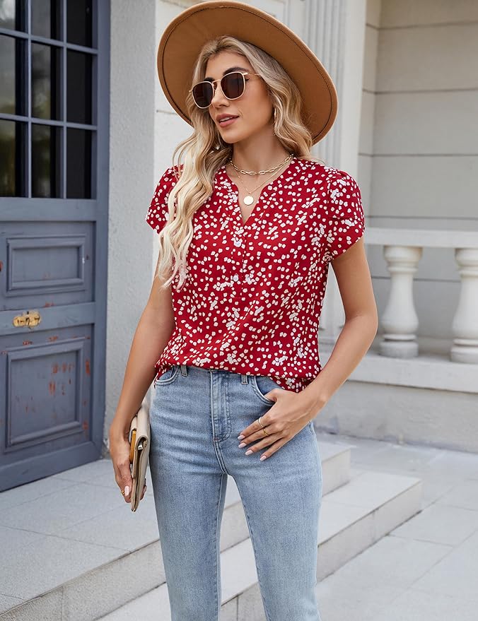 Blooming Jelly Women's Dressy Casual Tops Business Work Blouses White Button Down Shirts Cap Sleeve V Neck Tshirt