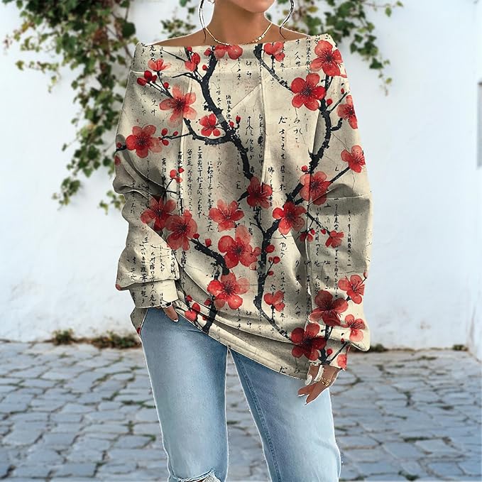 Womens Sweatshirts Floral Print Sexy Off The Shoulder T Shirts Oversized Long Sleeve Pullover Fall Tops