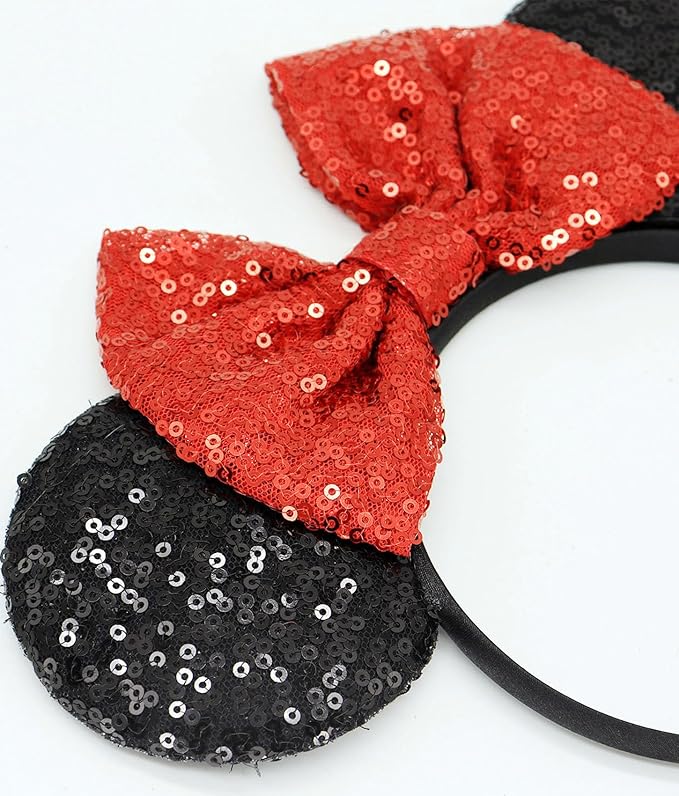 LIHELEI Mouse Ears Headband with Sequin Bows, Headbands for Women Halloween Costume, Headwear Hair Accessories - Red and black Mouse Ear