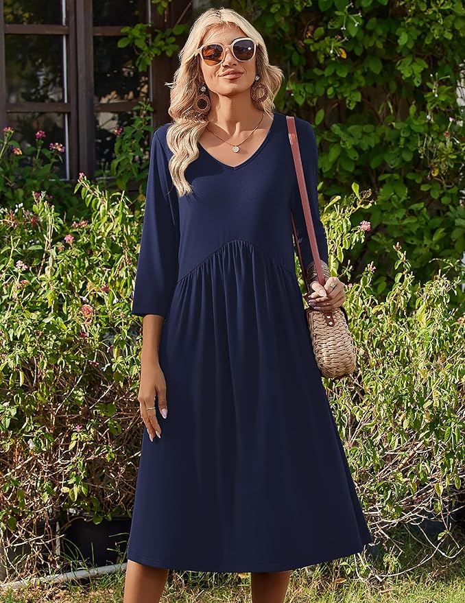 ZEAGOO 3/4 Sleeve Women's Dress Casual Flowy A-Line Midi Tshirt Dresses with Pocket Empire Waist Summer Boho Beach Sundress