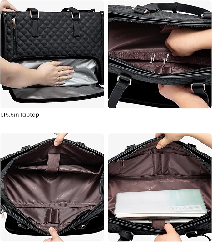 LOVEVOOK Lunch Tote Bag for Women, 17.3 Inch Laptop Bag with Insulated Lunch Compartment, Quilted Large Capacity Computer Handbag with Purse for Business, Work, Nurse, Office, Collage, Casual